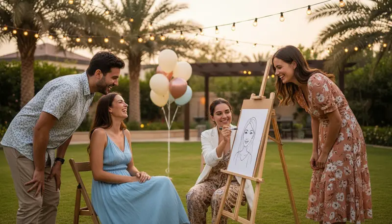 Caricature artist drawing a laughing guest at a birthday party in a villa garden in Dubai