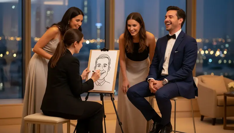 Caricature artist drawing a smiling guest in black ink at an evening reception in Dubai
