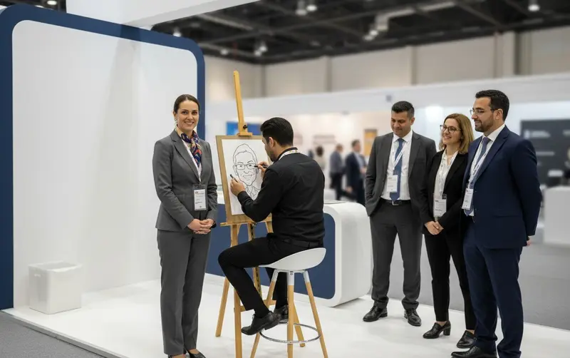 Caricature artist drawing a visitor at an exhibition stand in a Dubai exhibition hall