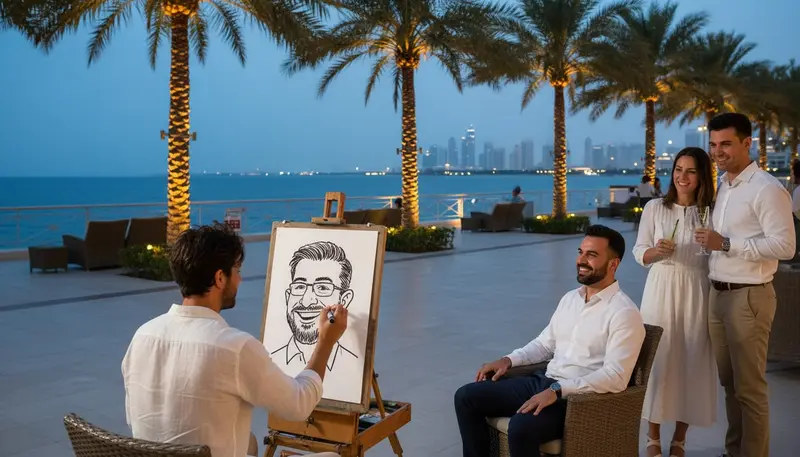 Caricature artist drawing guests on a seaside terrace at an evening event in Abu Dhabi