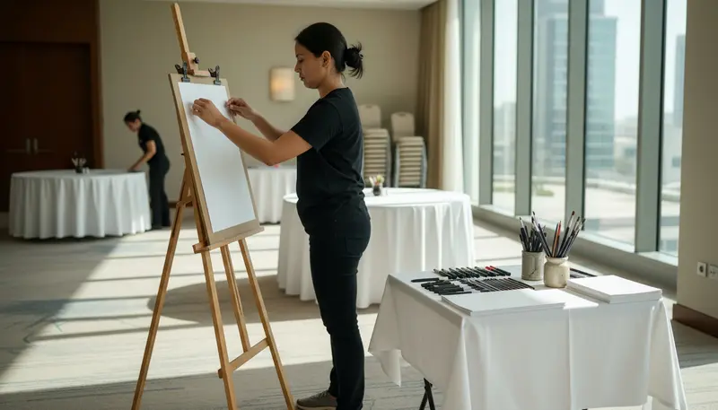 Caricature artist setting up an easel, paper and markers before an event in a Dubai venue