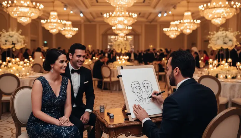 Caricature artist sketching a couple of wedding guests at a reception in a Dubai ballroom