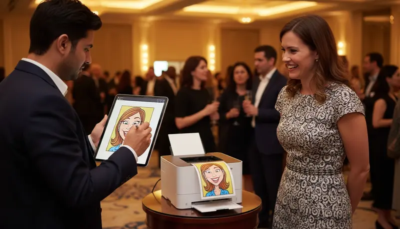 Digital caricature artist drawing a guest on a tablet with a stylus at a corporate event in Dubai