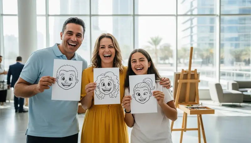 Guests at a Dubai event holding up their finished black ink caricatures and smiling