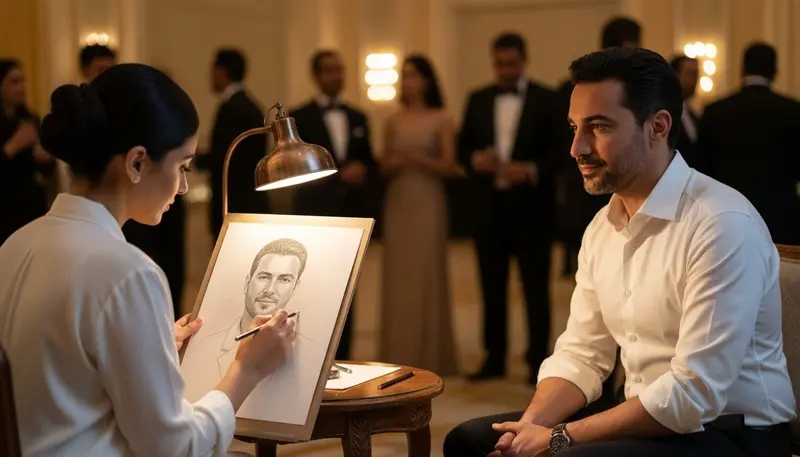 Sketch artist drawing a realistic pencil portrait of a guest at an elegant event in Dubai